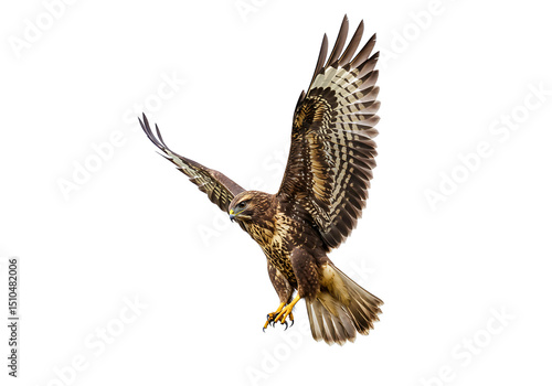 Common buzzard in flight with prey isolated on transparent background