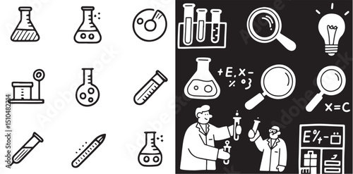 An illustration of science icons, including beakers, test tubes, microscopes, and scientists.