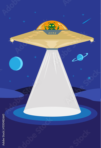 Strange Alien Pilots a Flying Saucer. EPS10 Editable Clip Art.