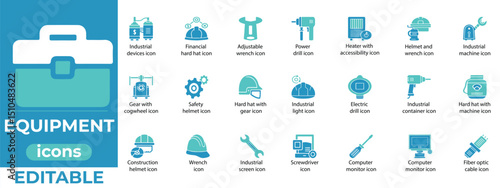 Essential equipment icons for tools, industry, repair, and machines

