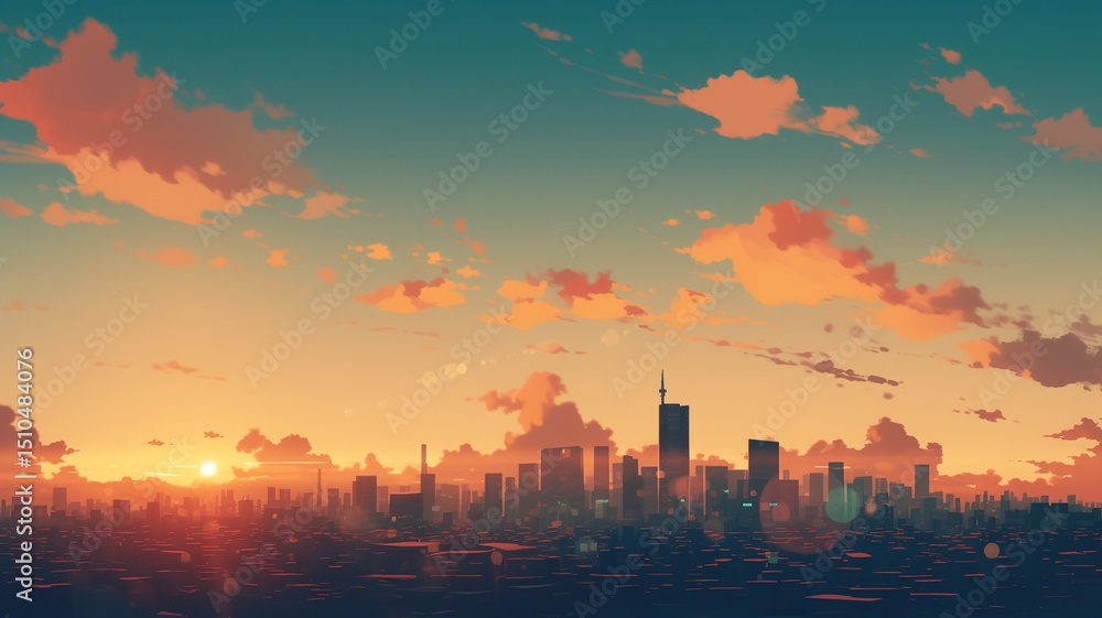 Obraz premium イラスト調の都会の夕暮れ