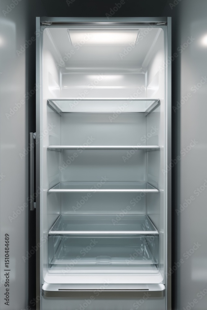 The interior of an empty refrigerator is clean and organized with shelves for storage. The appliance appears modern and metallic, likely providing consistent temperature control to keep food fresh. The interior of an empty refrigerator is clean and organized with shelves for storage. The appliance appears modern and metallic, likely providing consistent temperature control to keep food fresh.