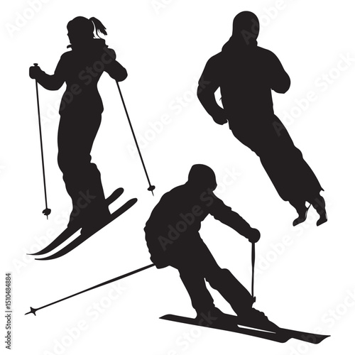 Skiing silhouette vector illustration with skiers on the slopes sport