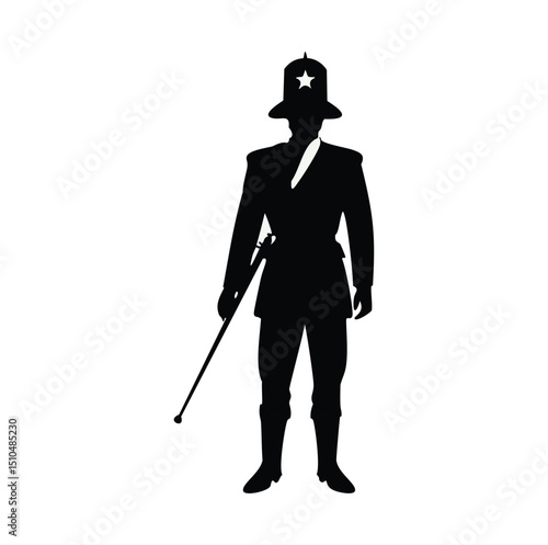 Silhouette of a soldier in formal uniform holding a cane