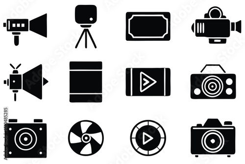 A collection of monochrome iconography representing media and filming related equipment