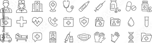 Medical healthcare line icon set. Vector pictograms of stethoscope, thermometer, syringe, pill, medicine, emergency, cross, heart, blood test, ambulance, bed, telehealth, thin linear illustration.