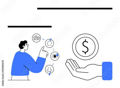 Person pointing to interconnected icons of senses and money. Ideal for education, finance, health, creativity, strategy, analysis, simple landing page