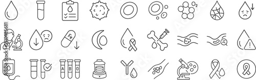 Anemia and blood disorder line icon set. Vector pictograms of test, droplet, supplement, ribbon, awareness, centrifuge, bone, marrow, plasma, transfusion, lab sample, thin linear illustration.