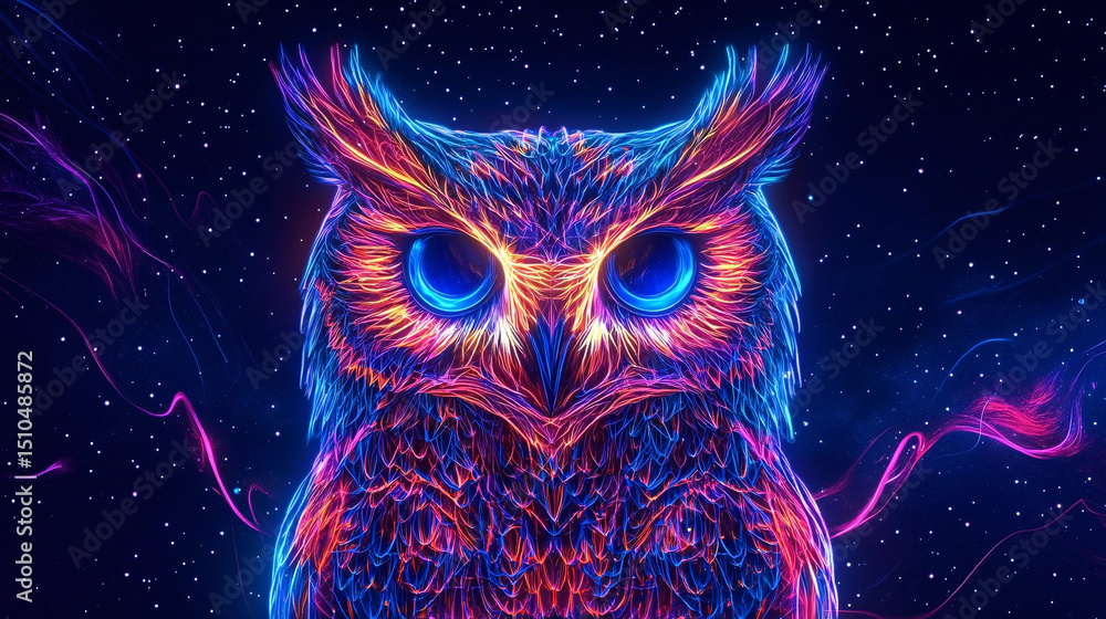 Fototapeta premium A stunning neon owl with vibrant colors and glowing eyes, set against a backdrop of sparkling stars.
