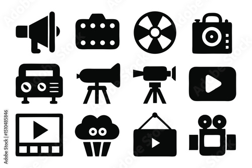 Collection of black icons representing various media and entertainment related elements on white backgrounds