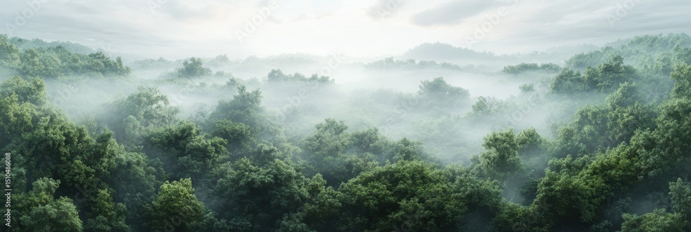 Obraz premium Misty morning in a lush green forest landscape