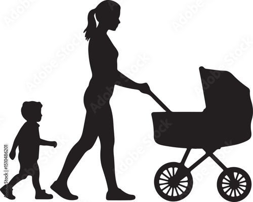 Silhouette of mother pushing stroller with child