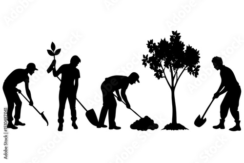 Black and White Vector Silhouettes of Gardeners and Landscapers in Outdoor Activities