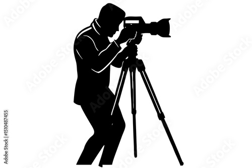 Minimalist Black and White Silhouette of a Photographer with Camera on Tripod Under Dramatic Lighting
