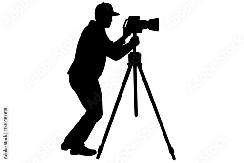 Minimalist Black and White Silhouette of a Photographer with Camera on Tripod Under Dramatic Lighting