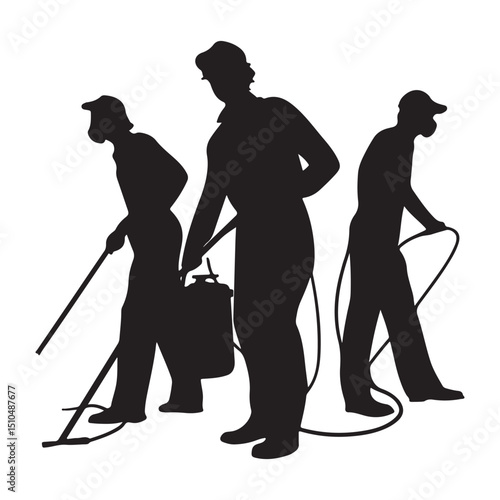 Pest control workers spraying insecticide silhouette vector graphic