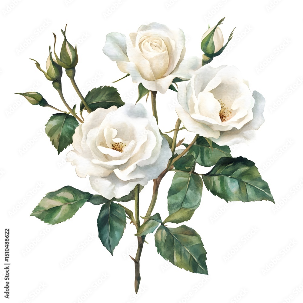 Fototapeta premium Watercolor painting of white roses with green leaves, on a clear background