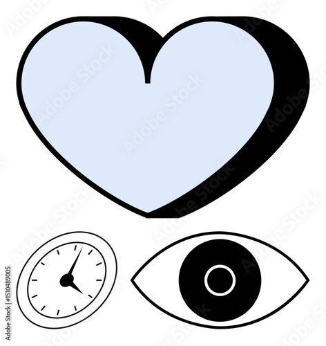 Blue heart, black-and-white clock, and eye symbolizing connection, time focus, and awareness. Ideal for health, mindfulness, productivity, compassion perception vision simple landing page