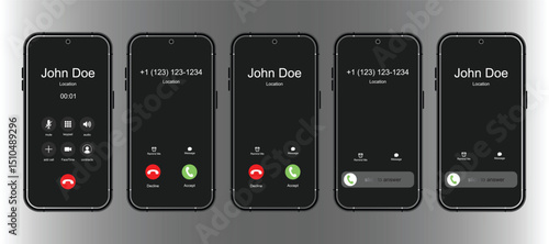 Phone call screen interface set. Accept button, reject button. Incoming call. Interface for incoming Call, Slide to Answer. Realistic UI mobile mockup template vector illustration.