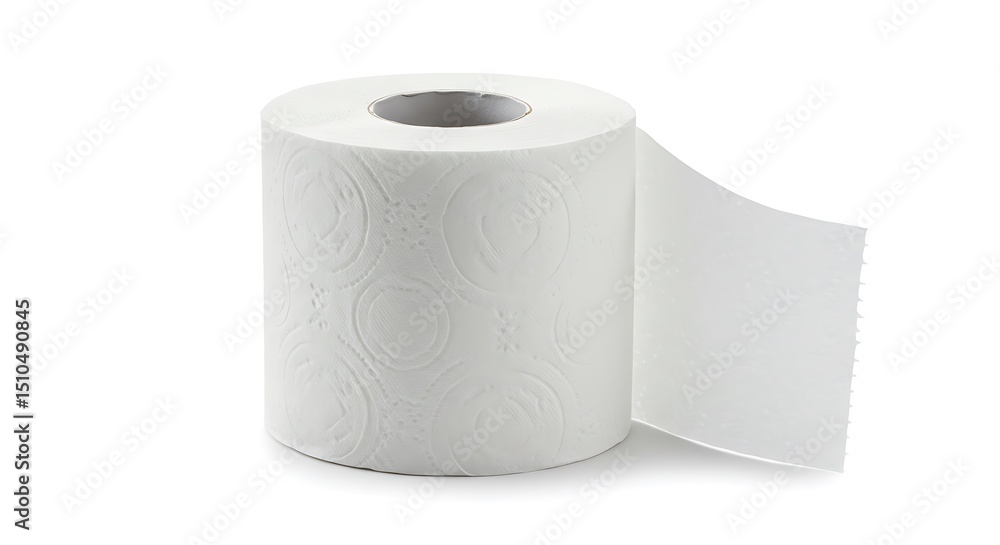 © 3D Animation - A single white roll of toilet paper, featuring a subtle embossed swirl pattern, is presented partially unrolled and isolated on a clean white background, casting a soft shadow. © 3D Animation - A single white roll of toilet paper, featuring a subtle embossed swirl pattern, is presented partially unrolled and isolated on a clean white background, casting a soft shadow.