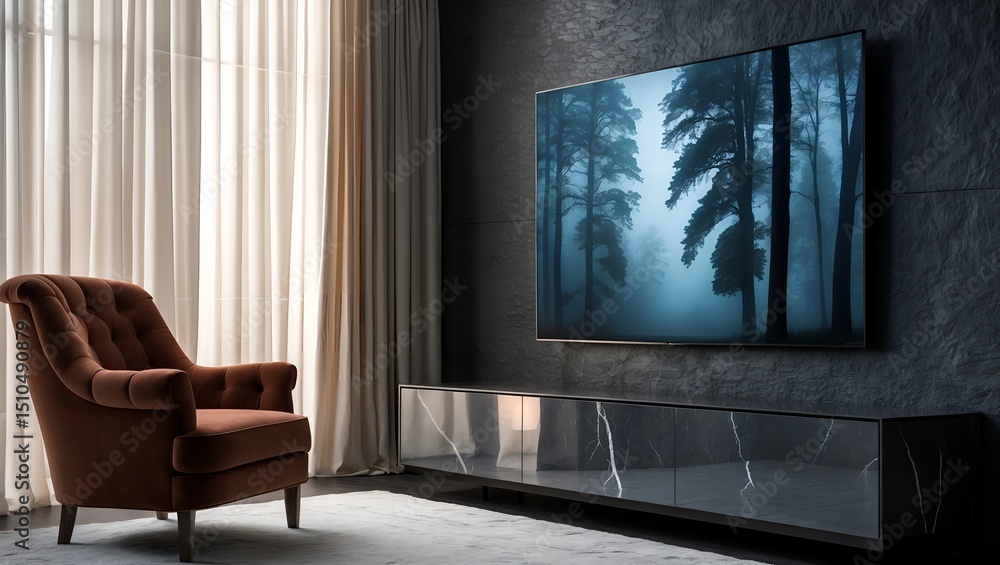 Fototapeta premium Luxury Living Room with Large Screen TV Displaying Forest Scene