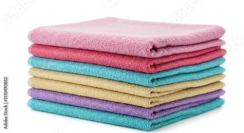 A vibrant and neatly folded stack of soft terry cloth towels in an array of appealing colors, including shades of pink, magenta, turquoise, beige, and lavender. 