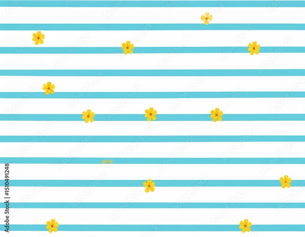 Cheerful yellow flowers scattered on a light blue and white striped background Cheerful yellow flowers scattered on a light blue and white striped background