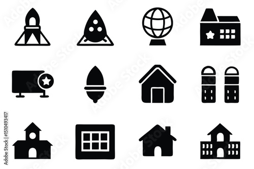 Collection of minimalist black icon illustrations representing diverse symbols and objects