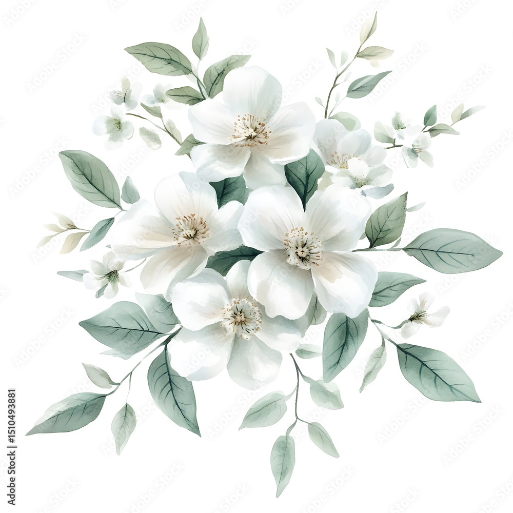 Obraz premium Watercolor white flowers and green leaves, floral bouquet illustration on an isolated background. 