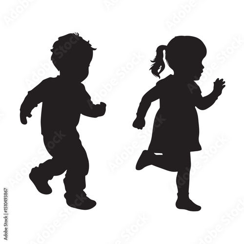 Silhouette of children running playing vector illustration design