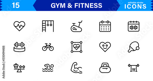 Modern Gym and Fitness Icons Showcasing Dumbbells, Muscles, Routines, Bodybuilding, and Active Lifestyle in an SEO-Optimized Vector Format