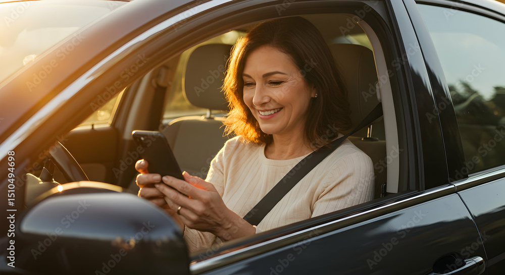 Woman using smartphone while driving car enjoying sunset road trip happy travel Woman using smartphone while driving car enjoying sunset road trip happy travel
