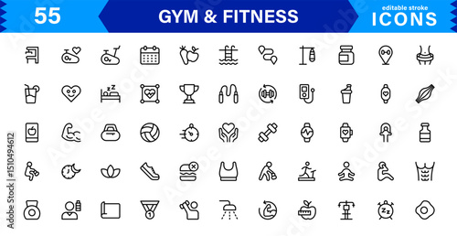 Modern Gym and Fitness Icons Showcasing Dumbbells, Muscles, Routines, Bodybuilding, and Active Lifestyle in an SEO-Optimized Vector Format