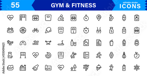 Modern Gym and Fitness Icons Showcasing Dumbbells, Muscles, Routines, Bodybuilding, and Active Lifestyle in an SEO-Optimized Vector Format
