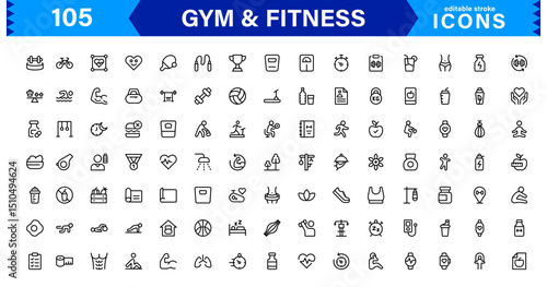 Modern Gym and Fitness Icons Showcasing Dumbbells, Muscles, Routines, Bodybuilding, and Active Lifestyle in an SEO-Optimized Vector Format