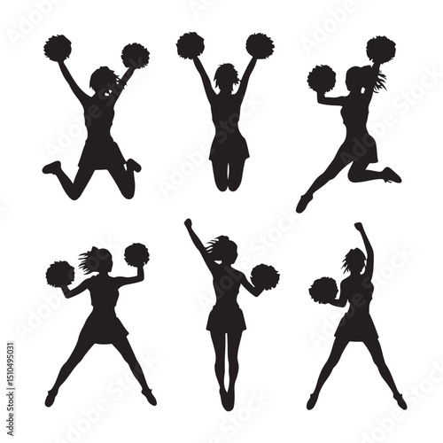Cheerleader silhouette vector art jumping with pom poms high school team