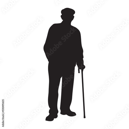 Silhouette of elderly man with cane vector illustration isolated art
