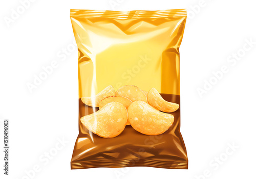 Potato chips in golden pouch packaging isolated on transparent background