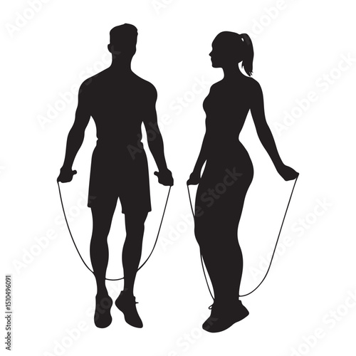 Man and woman doing jump rope exercise silhouette vector illustration