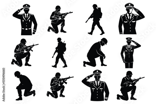 Set of soldier in uniform saluting, respect, soldier carry bag pack and rifle silhouette vector illustration on white background.