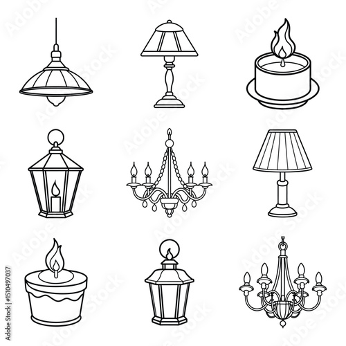Set of bedroom light likes burning aroma candle, chandelier, table light line art vector illustration on white background.