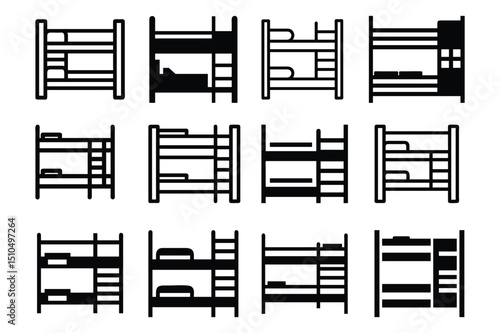 Set of black bunk bed icon vector illustration on white background.