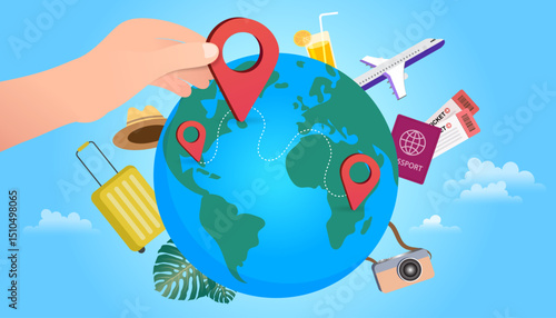 World travel and vacation planning concept. A hand puts a pin on a globe to choose a destination for an international journey, surrounded by a plane, passport, and luggage.