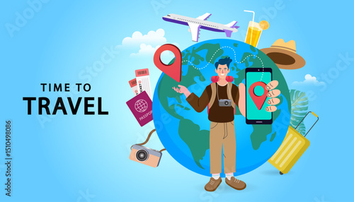 It's time to travel! This vibrant image captures a man planning his global adventure, surrounded by travel icons and modern technology. Perfect for promoting solo travel and the thrill of discovery.