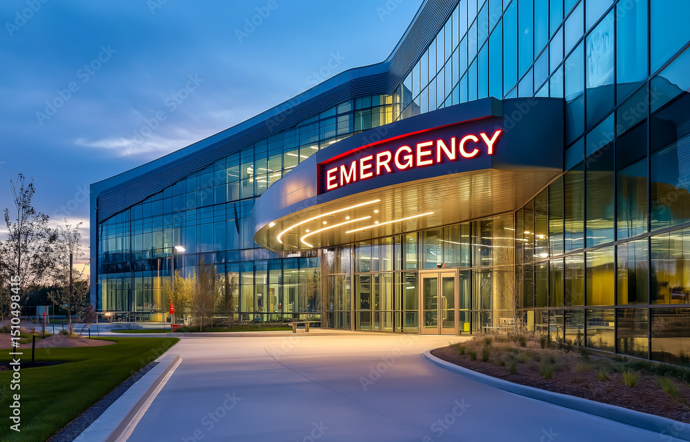 Fototapeta premium Modern hospital emergency entrance illuminated at dusk
