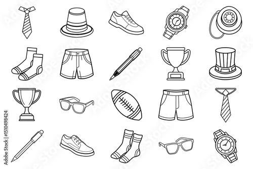  Set of father day celebration elements tie, bow, short pant, socks, hand watch, sunglasses, hat, shoe, tropy, american football line art vector illustration on white background.