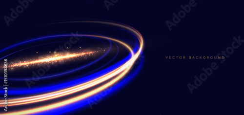 Golden and blue motion rings light effect with lighting effect sparkle on drak background.