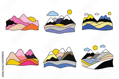 Set of hand drawn abstract mountains vector illustration on white background.
