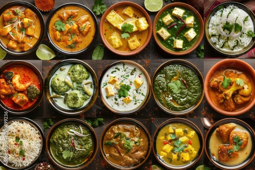 Assorted Collage of Delicious Indian Food Including Chicken and Palak Paneer