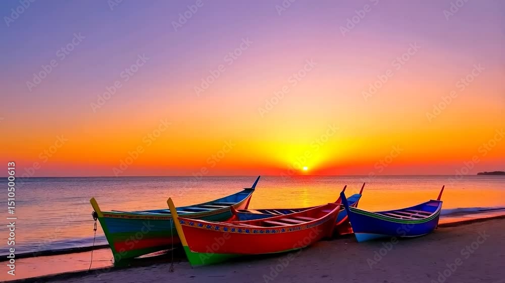 Colorful boats on a sandy beach at sunset Colorful boats on a sandy beach at sunset